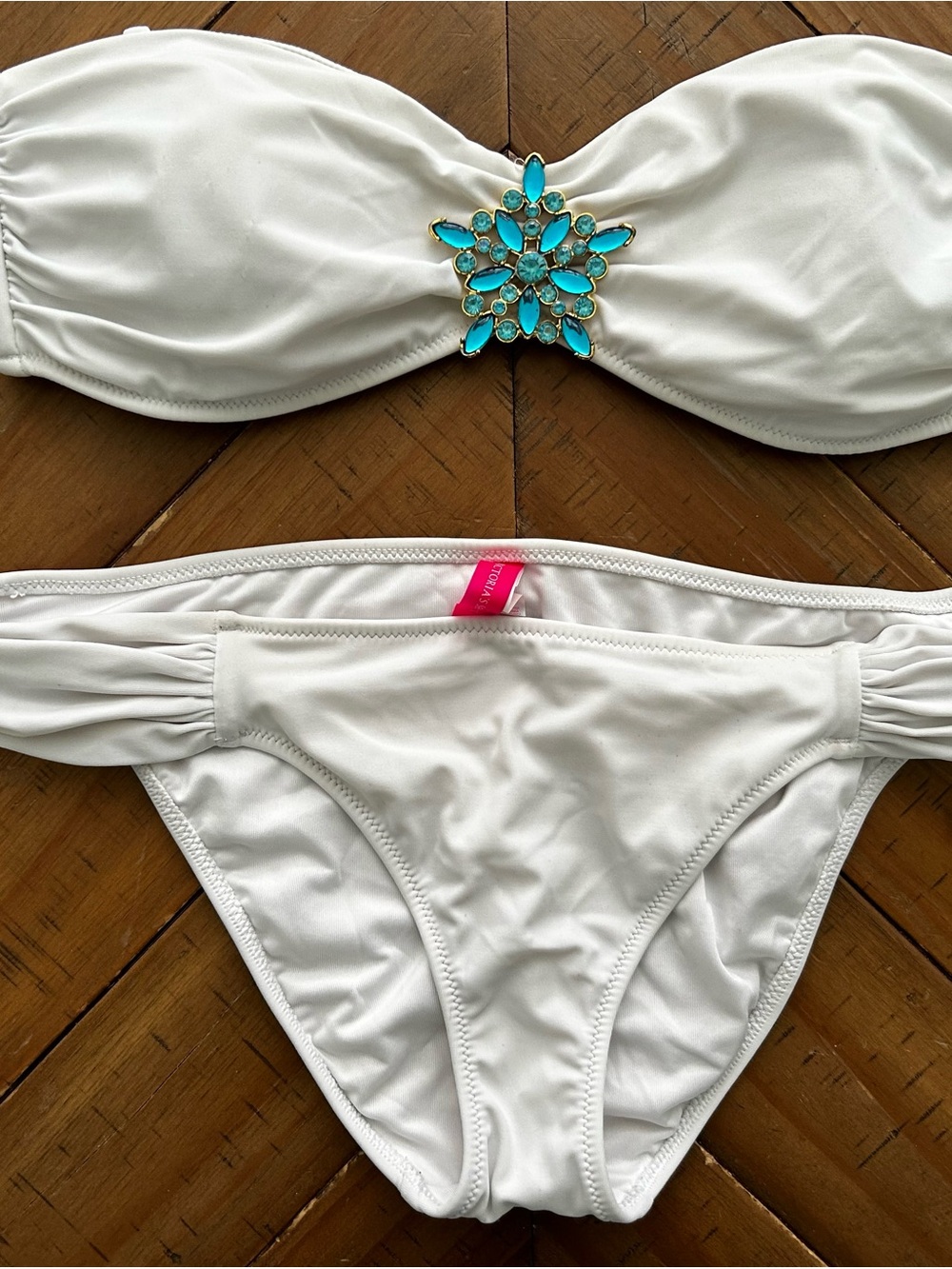 Victoria's Secret White Bandeau Bikini with Turquoise Gem Accent